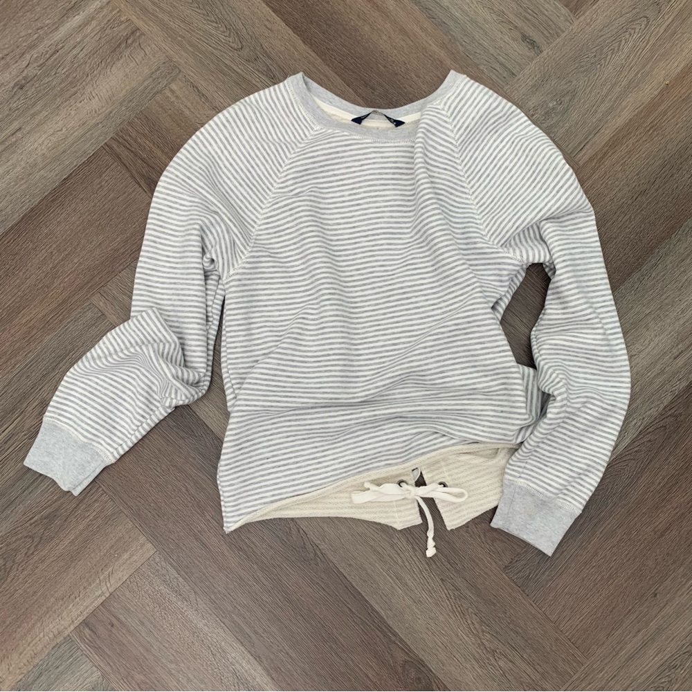 Abercrombie & Fitch nautical stripe heather gray sweater with grommet tie detail